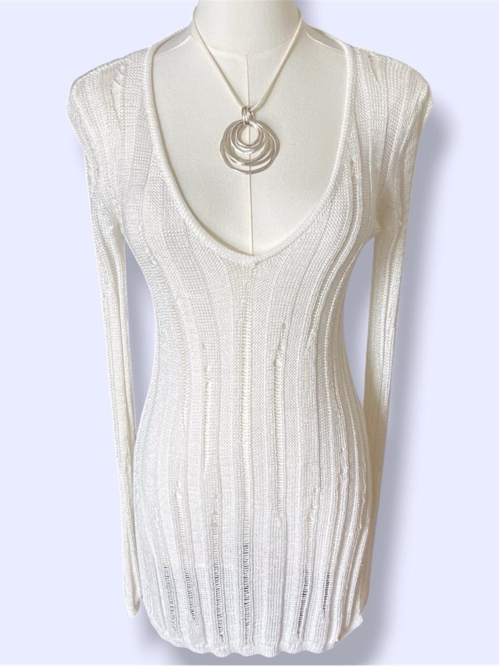 Guess White Ribbed V-Neck Knit Tunic